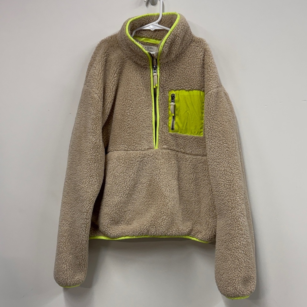 H&M Kids Beige Fleece Hoodie with Neon Yellow Accents